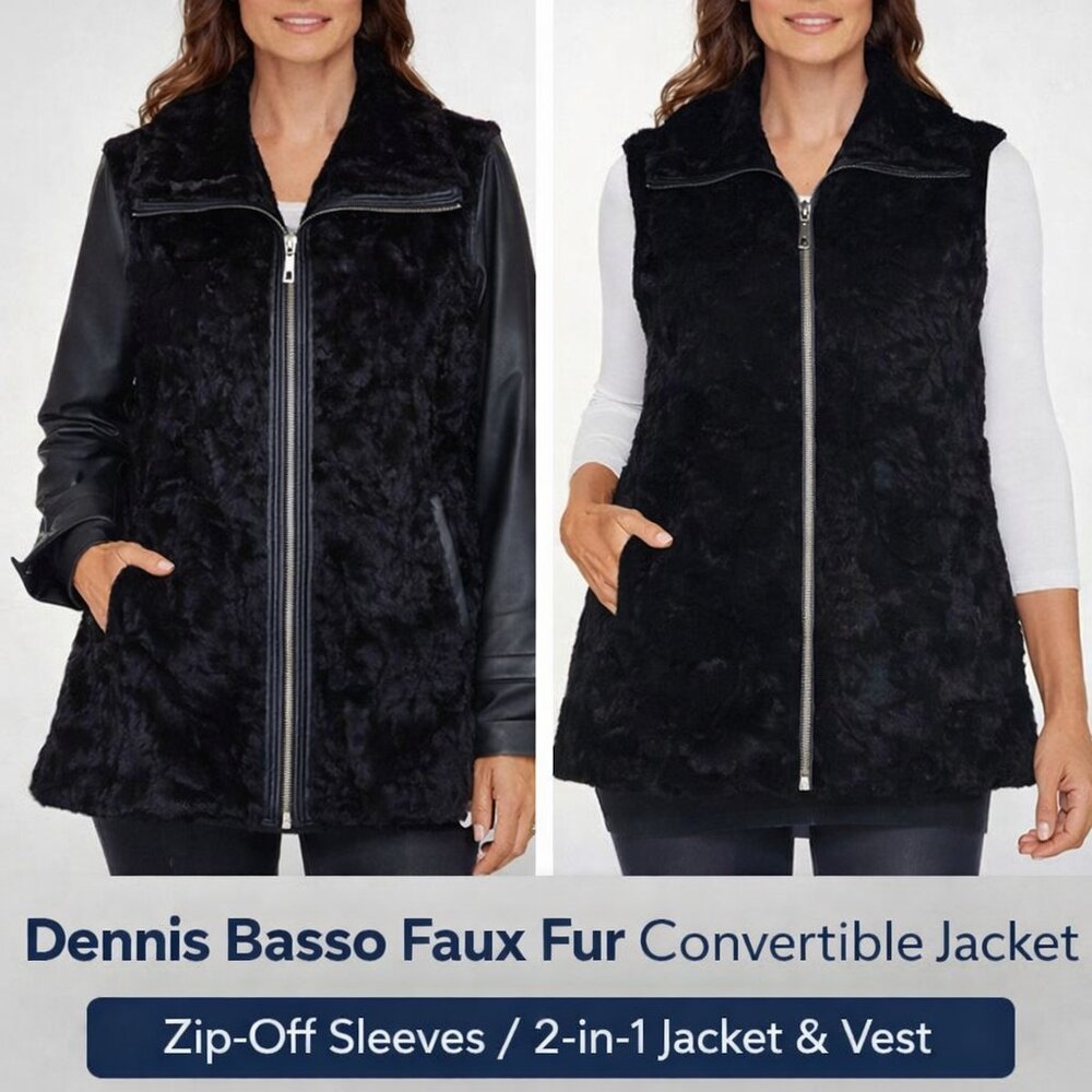 Dennis Basso Faux Fur Convertible Jacket Vest Zip-Off Sleeves NWT M